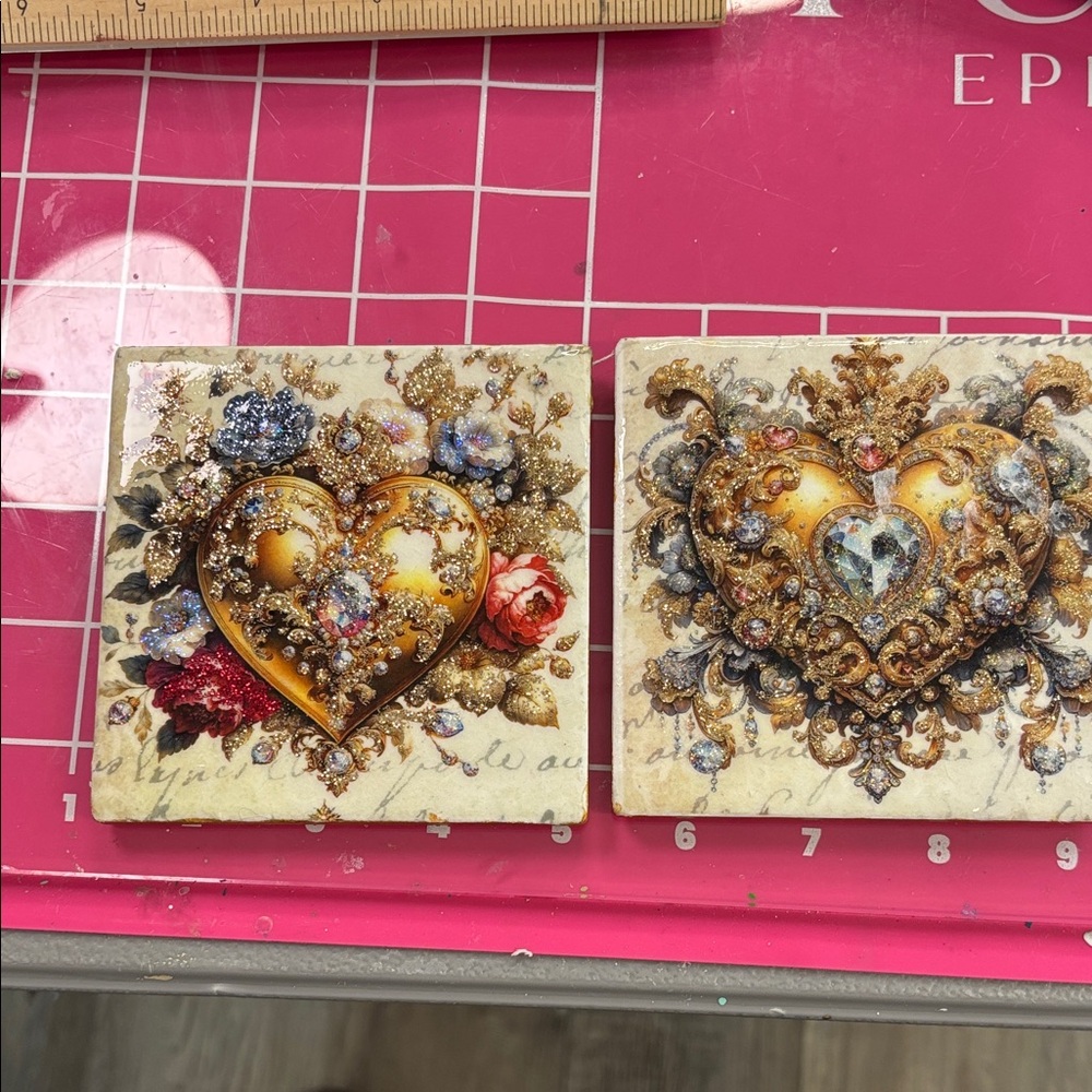 Decorative Gold Heart Tile Pair with Rhinestone Accents